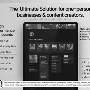 May include: A monochrome graphic advertising a social media system for small businesses and content creators. The image shows a tablet interface with dashboards, planners, and a summary section. Text includes "6 High Performance Dashboards" and "Multi Level Planning."
