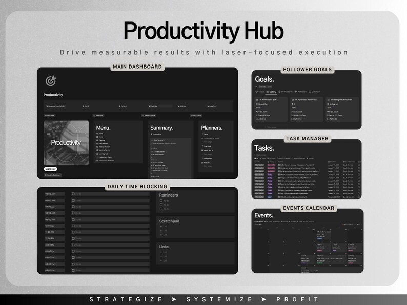 May include: A dark-themed digital interface labelled "Productivity Hub" with sections for dashboards, goals, tasks, and events. The interface includes the text "Drive measurable results with laser-focused execution."