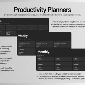 May include: A digital productivity planner with daily, weekly, and monthly views. The dark theme interface displays a structured layout for time-blocking, task prioritisation, and content planning. The planner helps maintain focus and consistency.
