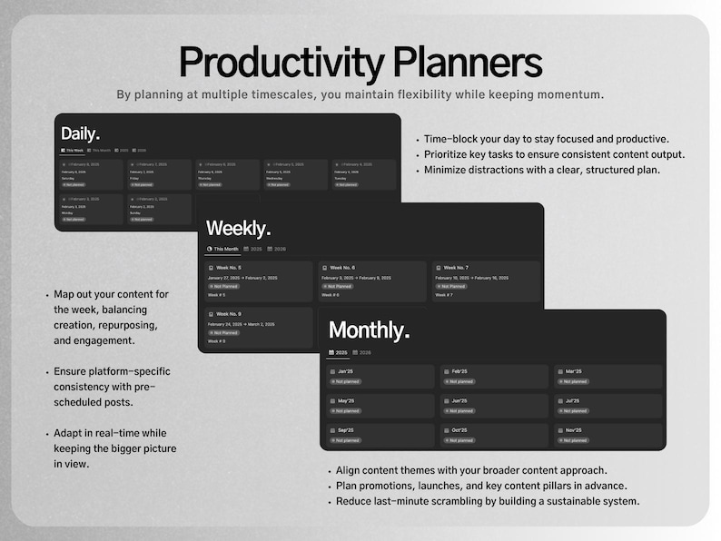 May include: A digital productivity planner with daily, weekly, and monthly views. The dark theme interface displays a structured layout for time-blocking, task prioritisation, and content planning. The planner helps maintain focus and consistency.