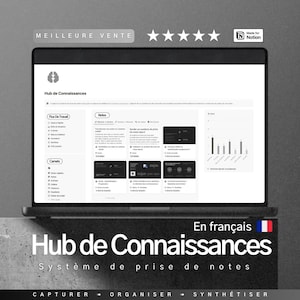 May include: A laptop displaying a website interface with the text "Hub de Connaissances" and "Système de prise de notes". The screen shows various sections, including "Plus De Travail" and "Notes". The laptop is on a gray surface.