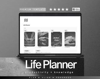 May include: A black and white laptop screen displaying a Notion Life Planner template with four sections: Vision, Life Pillars, Action Zone, and Knowledge Vaults. The text "Life Planner" is displayed below the laptop screen with the tagline "productivity + knowledge".