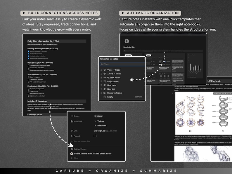 May include: A screenshot of a computer screen displaying a note-taking app with features for building connections across notes, automatic organisation, and insights and learning. The app has a dark background with white text and icons. The app is designed to help users organise their thoughts and ideas.