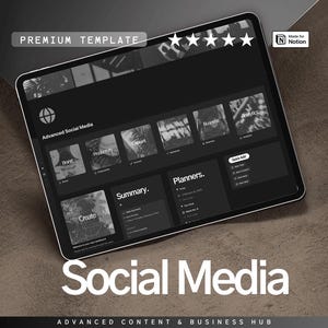 May include: A digital tablet showing a black and white social media template. The screen displays sections labelled "Brand", "Productivity", and "Business". The words "Social Media" are at the bottom. The tablet is on a textured surface.