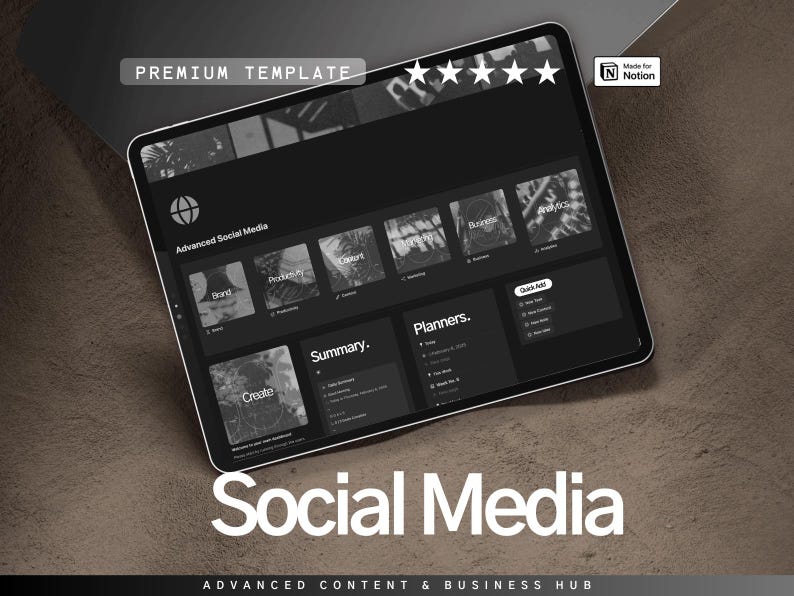 May include: A digital tablet showing a black and white social media template. The screen displays sections labelled "Brand", "Productivity", and "Business". The words "Social Media" are at the bottom. The tablet is on a textured surface.