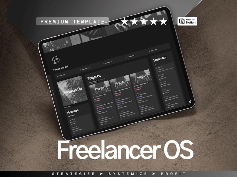 K&ouml;nnte beinhalten: Ein Screenshot eines Notion-Templates f&uuml;r Freiberufler in dunkelgrau. Das Template tr&auml;gt den Titel "Freelancer OS" und enth&auml;lt Abschnitte f&uuml;r "Projekte", "Finanzen" und "Zusammenfassung". Das Template ist mit f&uuml;nf Sternen bewertet und mit "Made for Notion" gekennzeichnet.