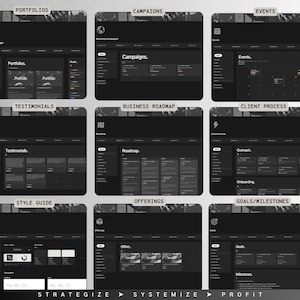 K&ouml;nnte beinhalten: Ein Schwarzwei&szlig;-Screenshot einer Website mit einem dunklen Thema. Die Website ist in Abschnitte mit &Uuml;berschriften wie "Portfolios", "Kampagnen", "Events", "Testimonials", "Business Roadmap", "Client Process", "Style Guide", "Offerings" und "Goals/Milestones" unterteilt. Jeder Abschnitt hat ein Raster aus schwarzen K&auml;stchen mit Text darin.