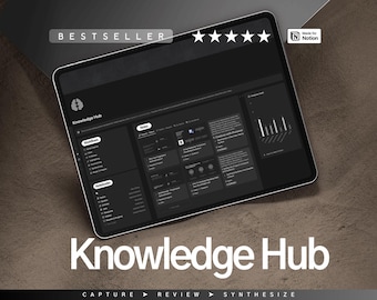 May include: A dark gray laptop screen displaying a Notion template called "Knowledge Hub" with a five-star rating and the text "Bestseller". The template is designed to help users capture, review, and synthesize information. The screen is on a brown surface.