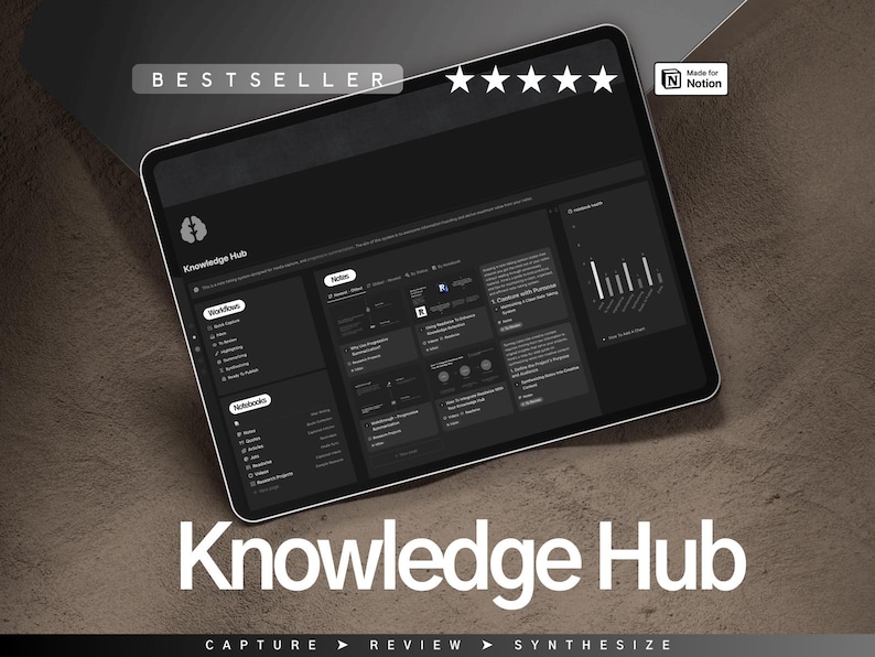 May include: A dark grey laptop screen displaying a Notion template called "Knowledge Hub" with a five-star rating and the text "Bestseller". The template is designed to help users capture, review, and synthesise information. The screen is on a brown surface.