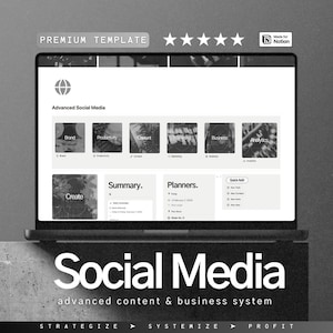 May include: A laptop displaying a social media template with the text "Social Media" and "advanced content & business system." The screen shows various sections labeled "Bond," "Productivity," and "Content."