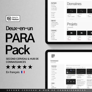 May include: A screenshot of a Notion template for a second brain and knowledge hub. The template is in French and includes sections for domains, projects, and knowledge. The template is designed to help users organize their thoughts and ideas.