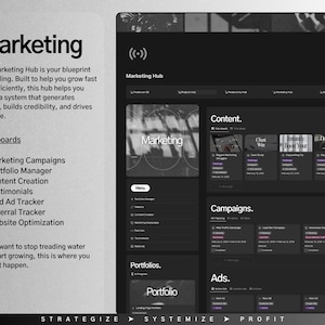 K&ouml;nnte beinhalten: Ein Schwarzwei&szlig;-Screenshot einer Website-Oberfl&auml;che f&uuml;r einen Marketing-Hub. Die Website hat einen dunklen Hintergrund mit wei&szlig;em Text und Symbolen. Die Website ist in Abschnitte unterteilt, darunter "Dashboards", "Content", "Campaigns", "Portfolios" und "Ads". Die Website enth&auml;lt auch einen Abschnitt namens "Marketing" mit einem Schwarzwei&szlig;bild eines Kreises mit dem Wort "Marketing" darin.