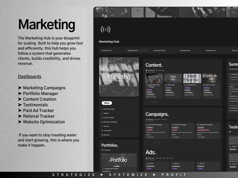 K&ouml;nnte beinhalten: Ein Schwarzwei&szlig;-Screenshot einer Website-Oberfl&auml;che f&uuml;r einen Marketing-Hub. Die Website hat einen dunklen Hintergrund mit wei&szlig;em Text und Symbolen. Die Website ist in Abschnitte unterteilt, darunter "Dashboards", "Content", "Campaigns", "Portfolios" und "Ads". Die Website enth&auml;lt auch einen Abschnitt namens "Marketing" mit einem Schwarzwei&szlig;bild eines Kreises mit dem Wort "Marketing" darin.
