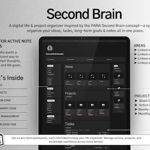 May include: A digital life and project organizer called "Second Brain" displayed on a tablet. The interface is dark with white text, showcasing features like Areas, Projects, and Tasks. The text includes "Built for Active Note Takers" and "What's Inside".