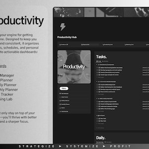 K&ouml;nnte beinhalten: Ein dunkelgrauer Bildschirm mit dem Wort "Produktivit&auml;t" in wei&szlig;er Schrift oben. Der Bildschirm zeigt eine Website mit einer Men&uuml;leiste, einem Bereich f&uuml;r Aufgaben, einem Bereich f&uuml;r t&auml;gliche Aktivit&auml;ten und einem Bereich f&uuml;r Gewohnheiten. Die Website soll Benutzern helfen, organisiert und produktiv zu bleiben.