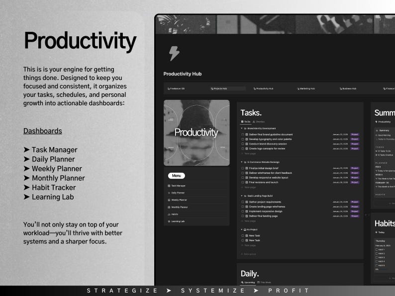 K&ouml;nnte beinhalten: Ein dunkelgrauer Bildschirm mit dem Wort "Produktivit&auml;t" in wei&szlig;er Schrift oben. Der Bildschirm zeigt eine Website mit einer Men&uuml;leiste, einem Bereich f&uuml;r Aufgaben, einem Bereich f&uuml;r t&auml;gliche Aktivit&auml;ten und einem Bereich f&uuml;r Gewohnheiten. Die Website soll Benutzern helfen, organisiert und produktiv zu bleiben.