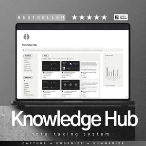 Puede incluir: Una captura de pantalla de una computadora que muestra una plantilla de Notion llamada "Knowledge Hub". La plantilla está diseñada para ayudar a los usuarios a capturar, organizar y resumir información. La plantilla incluye secciones para flujos de trabajo, cuadernos y resúmenes.