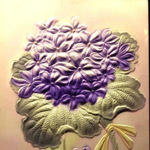 Vintage Birthday Greeting Card with Purple Flowers - Handwritten Message Inside. Featuring 1 cent Ben Franklin Stamp