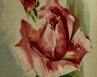 Vintage Pink Rose Postcard - Ben Franklin Stamp, Ephemera