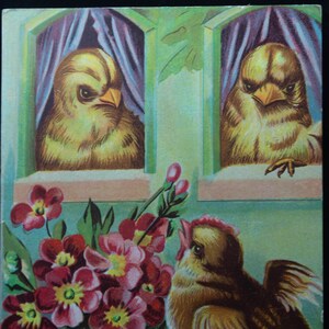 Carte postale rétro de voeux de Pâques avec des poussins - dos net - décoration vintage des fêtes