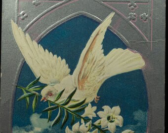 Vintage White Dove Easter Postcard with Rare 1 Cent Ben Franklin Stamp & Handwritten Note