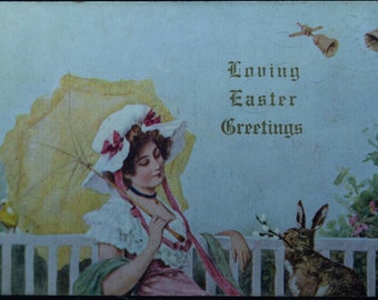 Antique Easter Postcard: 1909 Ben Franklin Stamp, Handwritten Note