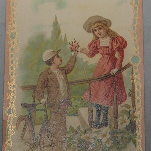 Charming Vintage Postcard: Boy Giving Girl Flower, Early 1900s - with Writing on Back