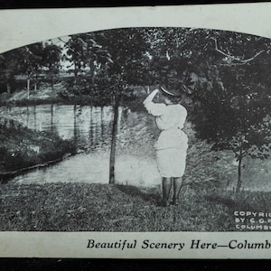 Vintage postcard featuring river Columbus Ohio, 1 cent ben franklin stamp and 1912 postmark with writing on back of card.  Collectors gift