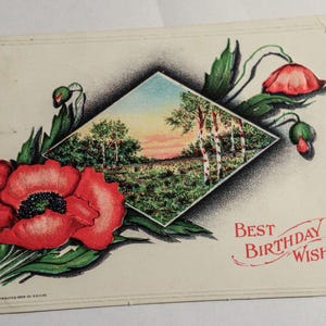 Postal antigua de cumpleaños de 1910 - Matasellos de Circleville, Ohio, con sello de Ben Franklin, mensaje manuscrito y daños por el paso del tiempo.