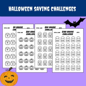May include: A Halloween-themed savings challenge printable with four different designs. The designs include a $5, $20, $50, and $100 challenge, each with a different graphic: marshmallows, pumpkins, money boxes, and ghosts. The text "Halloween Saving Challenges" is at the top.