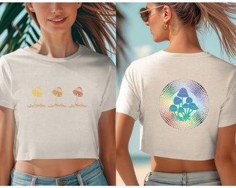 Rainbow Mushroom Cropped T-shirt  Mushroom  cropped tee Teen mushroom cropped tee Whimsical mushroom t-shirt Fantasy tee Psychedelic t-shirt