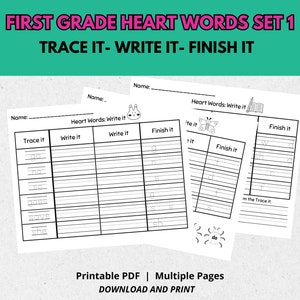 May include: Black and white printable worksheet for first grade students to practice writing sight words. The worksheet has three sections: Trace It, Write It, and Finish It. The words to practice are: goes, says, she, to, it, do.