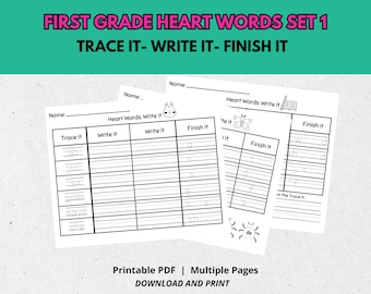 First Grade Heart Words Set First Grade Printable First Grade Printable Worksheets Printable for Kids Spelling worksheets Phonics Worksheets