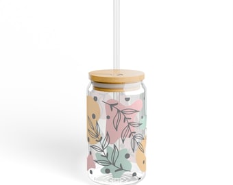 Szklany kubek do picia Dots and Floral - stylowy 16-uncjowy przezroczysty szklany kubek z bambusową pokrywką i słomką Tritan, kwiatowy kubek do kawy, prezent dla druhny