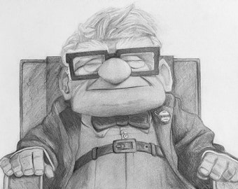 Carl Fredricksen aus dem Film „UP“, Bleistiftzeichnung, auf A4-Blatt.