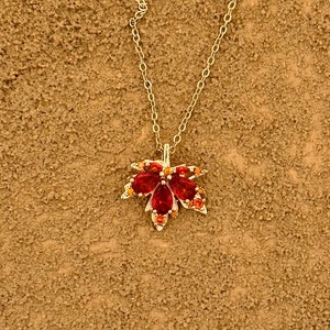 14K Gold Red Maple Leaf Pendant | Canada Leaf |  Nature Necklace | Sparkling GemStone Charm | Gold-Plate Chain | Red Cubic Insert