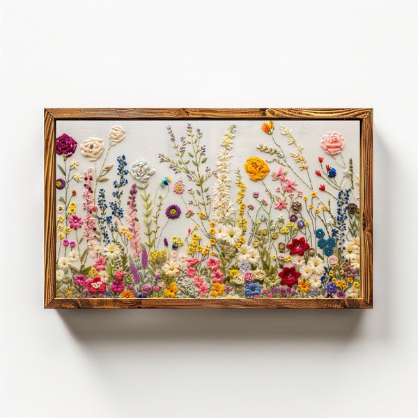 Frame TV Art | Digital Download | Wildflower Floral Field Embroidery | Colorful Flowers | Ivory Background | Wall Hanging Decor Piece