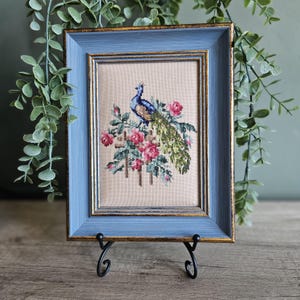 Op de afbeelding: Een ingelijst kruissteek borduurwerk met een blauwe en groene pauw zittend op een houten latwerk omringd door roze rozen. Het kunstwerk zit in een rechthoekige blauwe lijst met goudkleurige binnenranden en staat op een zwarte metalen standaard.