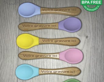 Cuillère bébé personnalisable – Bois & silicone alimentaire – Gravure sur mesure