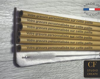 Pailles en bambou personnalisées – Gravure au laser – Pack complet 6 + pochette + goupillon