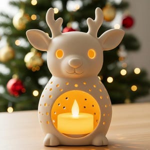 Peut inclure: Un photophore en céramique crème en forme de renne avec une bougie allumée à l'intérieur. Le renne a un visage souriant, des bois et de petits trous dans le corps. Un sapin de Noël avec des ornements et des lumières en arrière-plan.