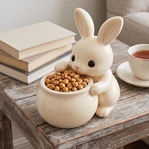 May include: A cream-colored ceramic bunny figurine holding a small, round, off-white pot filled with brown snacks. The bunny has large black eyes and long ears. The pot sits on a distressed wooden table, with a stack of books in the background.