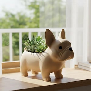 Peut inclure: Un pot en céramique beige en forme de bouledogue français, rempli de succulentes vertes. Le pot en forme de chien est posé sur une surface en bois près d'une fenêtre avec un rideau blanc. L'arrière-plan montre un balcon et de la verdure.