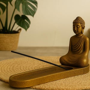 May include: A golden Buddha statue sits on a matching incense holder, with a black incense stick inserted. The statue is on a round, woven mat. A potted plant is in the background.