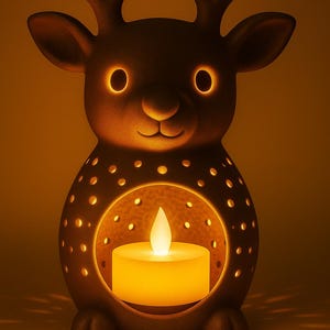 May include: A brown ceramic reindeer candle holder with a glowing candle inside. The reindeer has a smiling face, antlers, and small holes around the body. The candle casts a warm glow, creating a cozy ambiance. A decorative item for the home.
