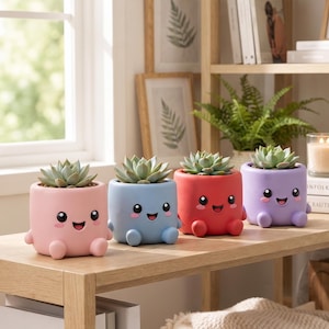 May include: Four small, cylindrical succulent planters in pastel pink, light blue, red, and lavender. Each planter features a cartoon face with large black eyes, a smiling mouth, and small rounded feet at the base, holding a green succulent plant.