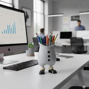 May include: A whimsical white pen holder shaped like a person, with three black buttons and black shoes. The holder is filled with colorful pens and pencils, sitting on a white desk in an office setting.