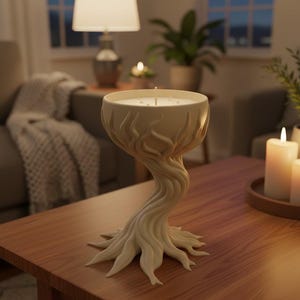 May include: A cream-colored candle in a tree-shaped holder. The candle has a single wick and is set on a wooden table. The holder has a twisted trunk design with root-like feet. The background includes a lit lamp and other candles.