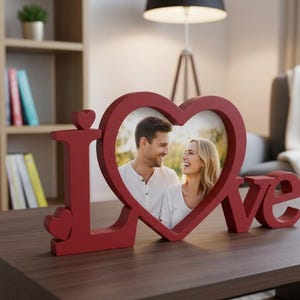 Può includere: Una cornice rossa in legno con la scritta "LOVE" e un cuore. La cornice mostra una foto di una coppia sorridente. La cornice è su un tavolo marrone scuro in un salotto.
