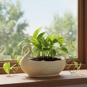 May include: A cream-colored swan-shaped planter filled with green leafy plants. The planter has a detailed wing design and sits on a wooden surface. The background shows a blurred view of a window and trees.